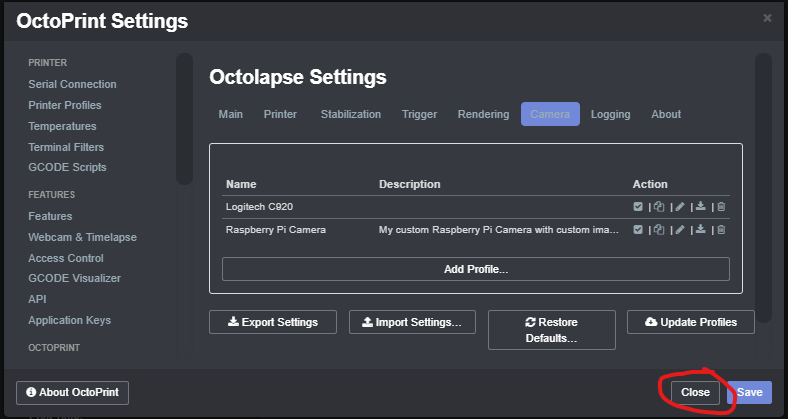 Close Octolapse settings popup