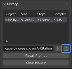 A screenshot of the History panel with the Export icon button highlighted