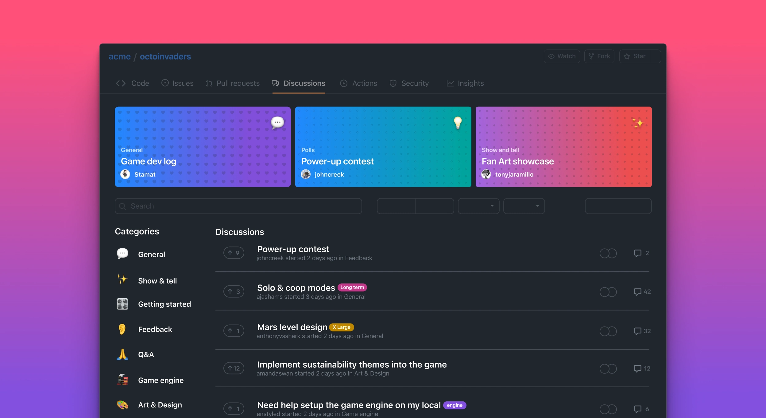 Screenshot of the GitHub Discussions page for 'octoinvaders,' showing featured discussions like 'Game dev log,' 'Power-up contest,' and 'Fan Art showcase.' Categories include General, Feedback, and Q&A. The interface has a dark theme with a pink-to-purple gradient background.