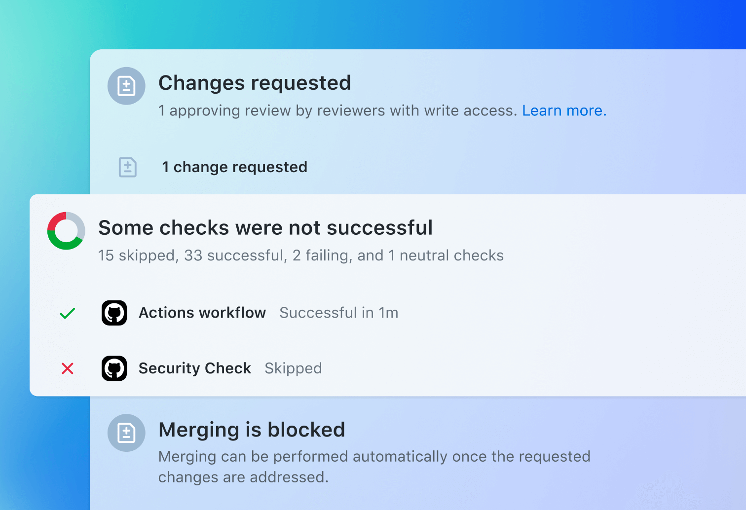 A notification panel from a development operations tool showing statuses such as 'Changes requested,' 'Some checks were not successful,' and 'Merging is blocked.