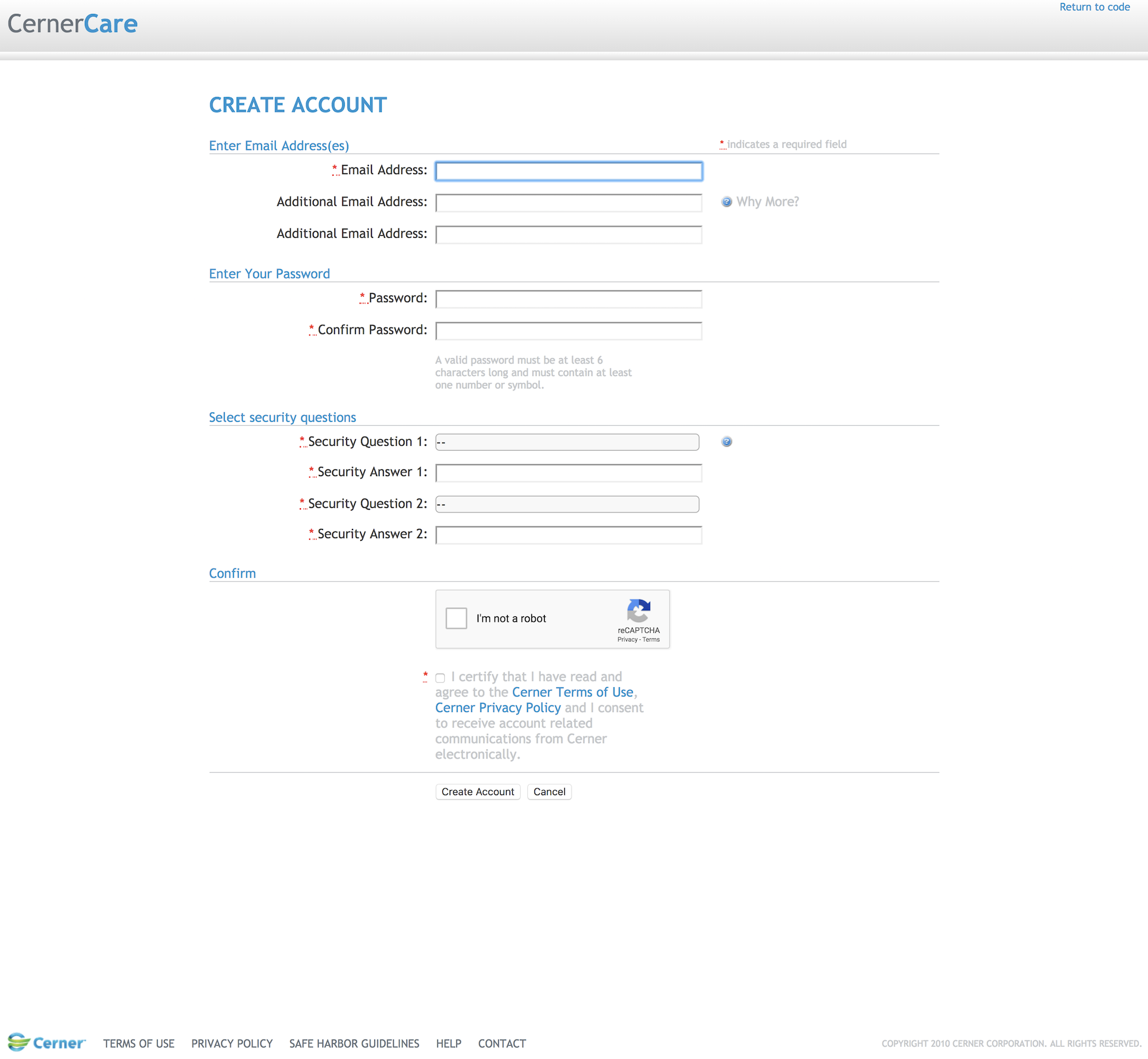 Cerner Account Creation Page